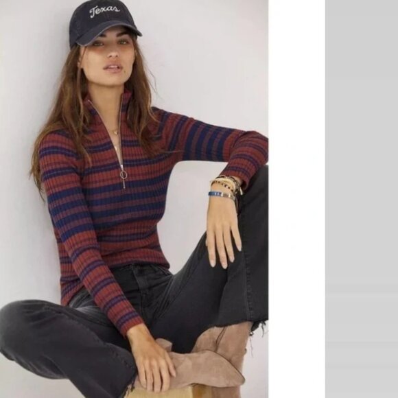 Anthropologie Maeve Liz Quarter Zip Pullover Stripe Sweater M - Picture 1 of 15